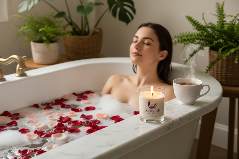 Bath scene with Dobry Life candle and tea