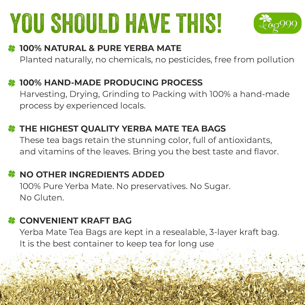 Yerba Mate Tea Bags, Hi-Caffeine, Unsmoked Yerba Mate Tea Bags, Super-Green Yerba Mate, No Dust