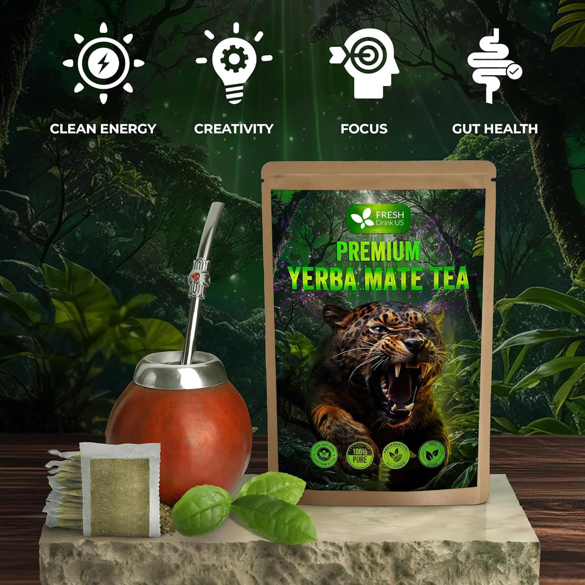 Yerba Mate Tea Bags, Hi-Caffeine, Unsmoked Yerba Mate Tea Bags, Super-Green Yerba Mate, No Dust