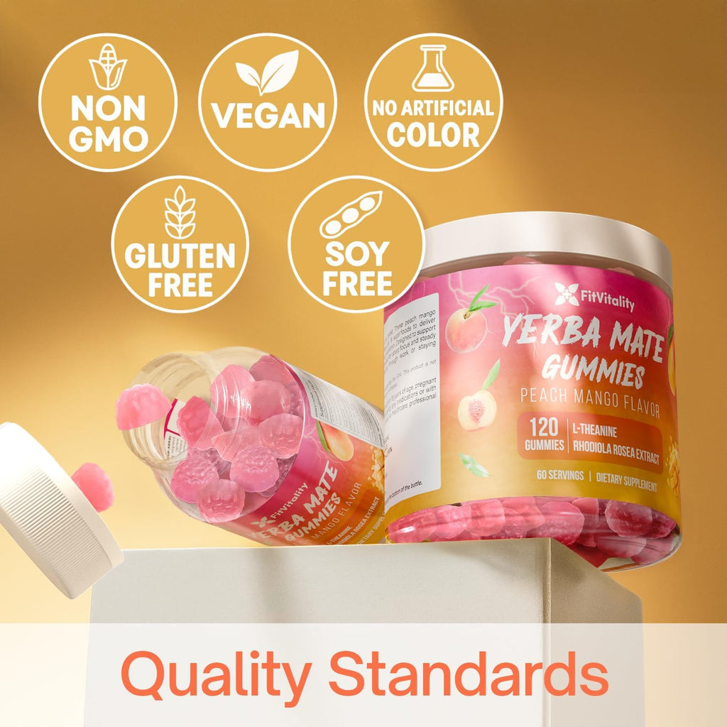 Yerba Mate Gummies – Super Focus & Energy Support – Formulated with Yerba Mate Extract, L-Theanine, Rhodiola, Ginseng, Choline, B12 – Peach Mango Flavor