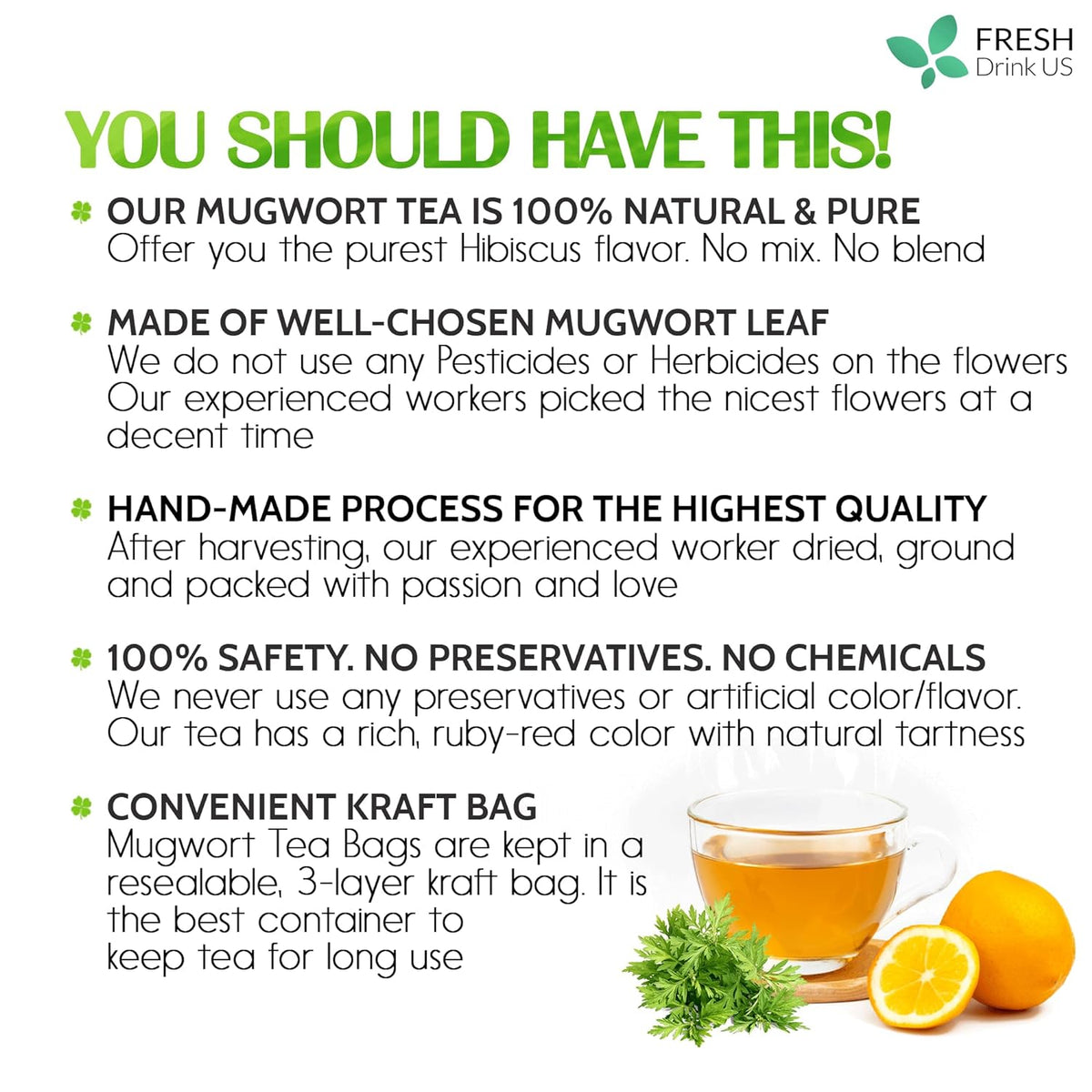 Mugwort Leaf Tea Bags, 100% Natural and Pure Mugwort Leaves, Loose Leaf Mugwort Herbal Tea, Mugwort Leaf Tea, No Sugar, No Caffeine, No Gluten, Vegan.